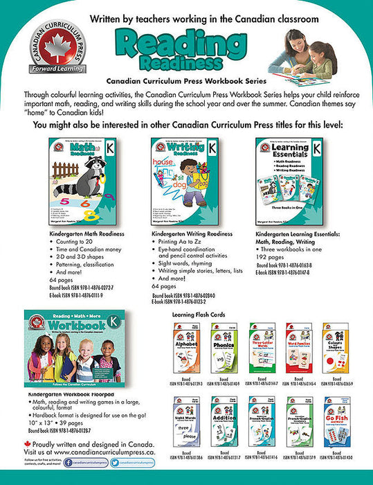 Back cover of Reading Readiness Kindergarten Workbook showing ISBN, publisher Canadian Curriculum Press, and product details