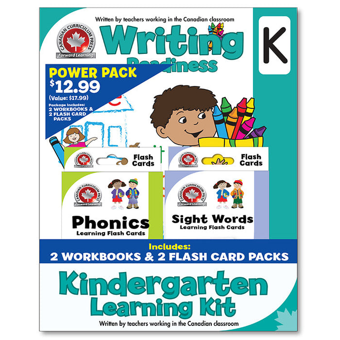 kindergarten learning kits, with two workbooks, 1 math, 1 writing, 2 flash cards, phonics and sight words