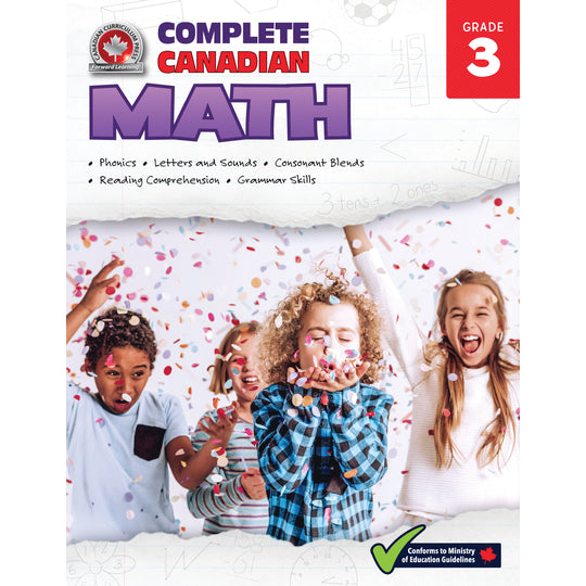 This jumbo, full-colour workbook, which includes practise quizzes with an answer key, will give children the tools they need to build their skills in areas such as addition and subtraction, multiplication and division, word problems, and fractions and decimals. By following the curriculum taught in Canadian schools, the Grade 3 Complete Canadian Math workbook will give children the confidence required to excel in the classroom and beyond. 352 pages // ISBN: 9781770629059