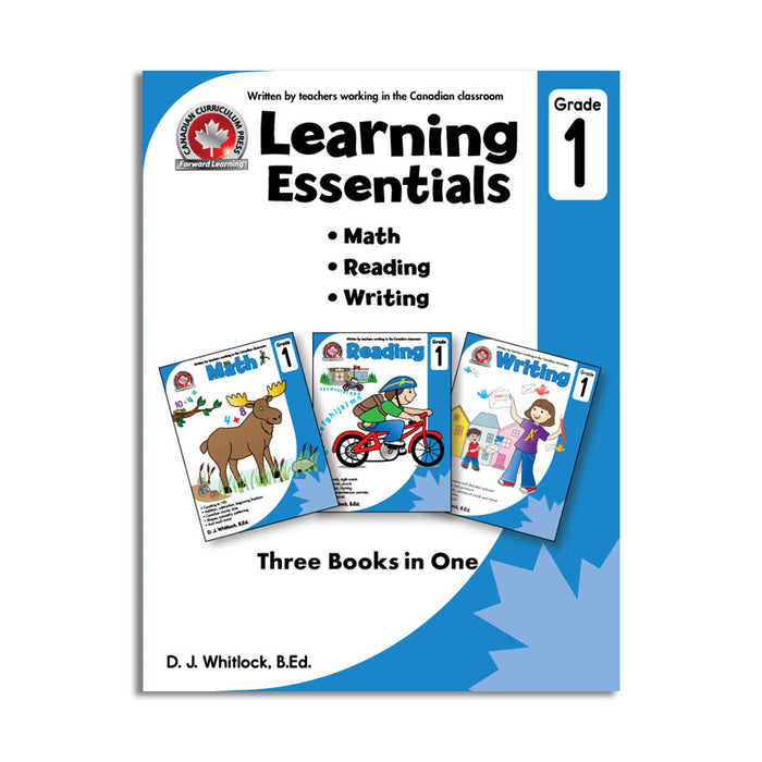 main cover of the Learning Essentials 3 in 1 book, with the subjects math, reading and writing