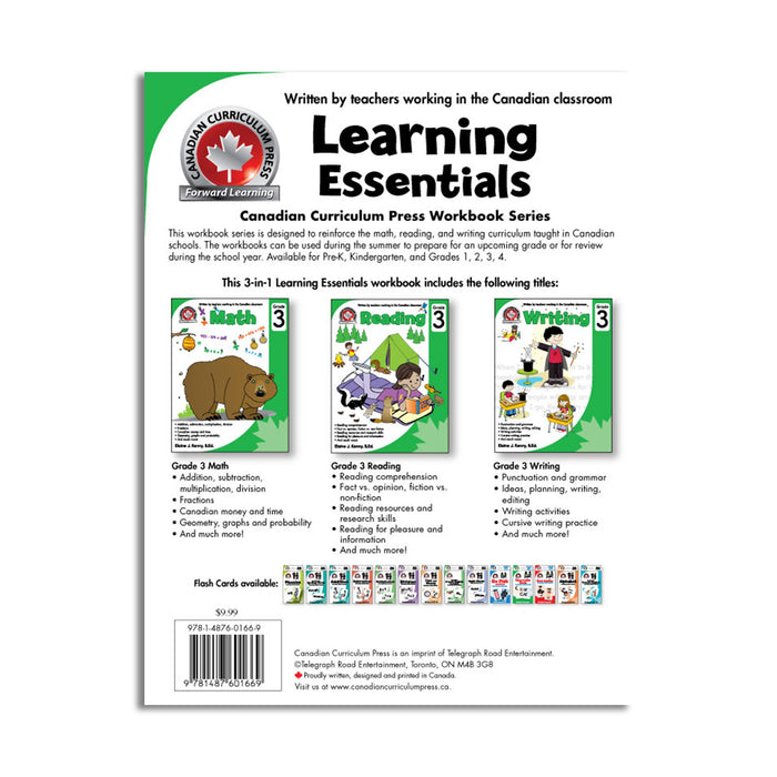 back cover, showcasing the flash cards and all the educational workbooks in the 3 in 1 Learning Essentials, with math, reading and writing. each cook is written by teachers working in the Canadian classroom