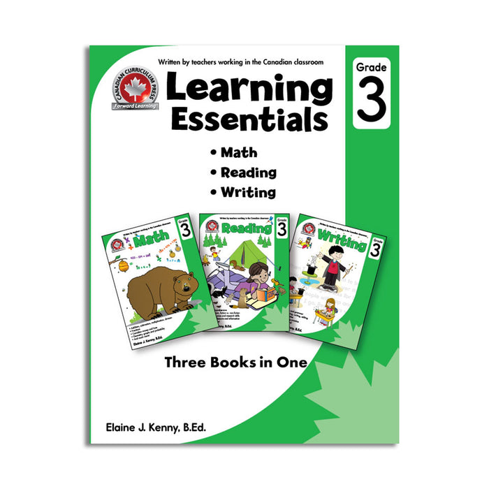 front cover grade 3 Learning Essentials, covering Math, Reading and Writing, three books in one