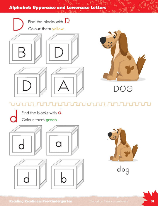 inside page Pre-Kindergarten reading, uppercase and lowercase alphabet