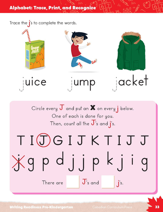 pre-kindergarten inside page, trace, print and alphabet recognize