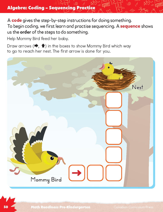 inside page Pre Kindergarten educational workbook - algebra - coding -sequencing practice