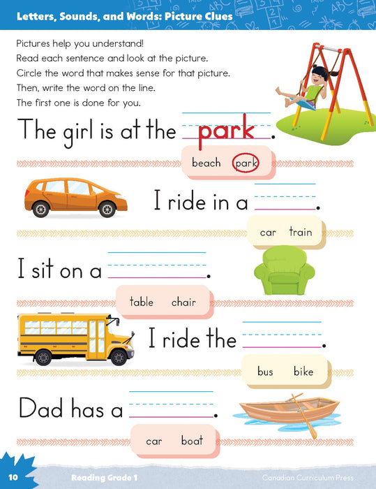 picture clues, grade 1 reading inside page