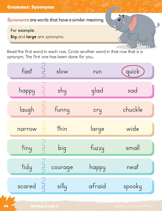 Grade 2 writing inside page, grammar, synonyms