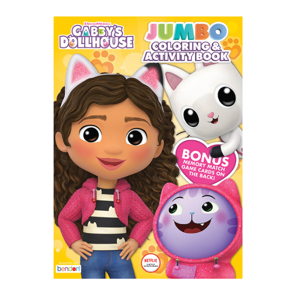 Gabby's Dollhouse Jumbo Colouring and Activity Book cover with favourite characters, 64 pages of puzzles and colouring fun for kids 4 and up