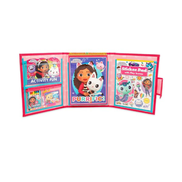 Open trifold case showing coloring book, stickers, and crayons