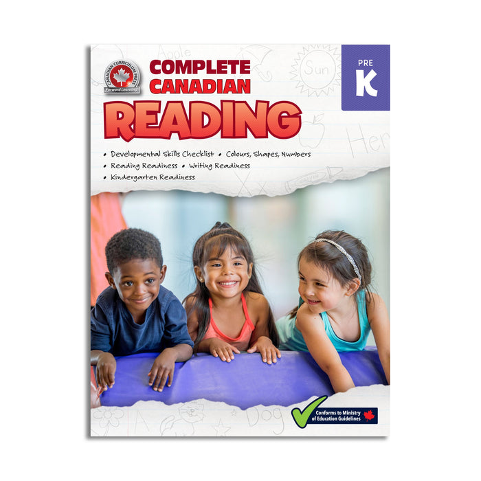 Pre-K Complete Canadian Reading workbook: Full-color, 352-page resource with developmental skills checklist, quizzes, and at-home learning activities for early literacy