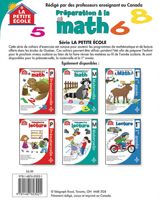 Back cover of Préparation à la mathématique en maternelle showing ISBN, publisher La Petite École / Canadian Curriculum Press, and product details | Kindergarten Math Readiness Workbook