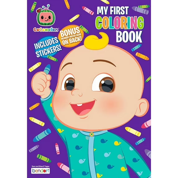 Cocomelon My First Coloring and Activity Book cover, 24-page paperback with stickers and tear-and-share pages featuring popular Cocomelon characters for toddlers and preschoolers