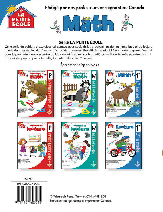 Back cover of Mathématique en 1re année showing ISBN, publisher La Petite École / Canadian Curriculum Press, and product details | Grade 1 Math Workbook
