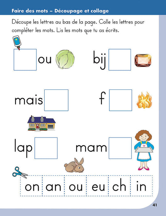 Inside page showing matching games and nursery rhymes activities from Préparation à la lecture en maternelle | Kindergarten Reading Readiness Workbook
