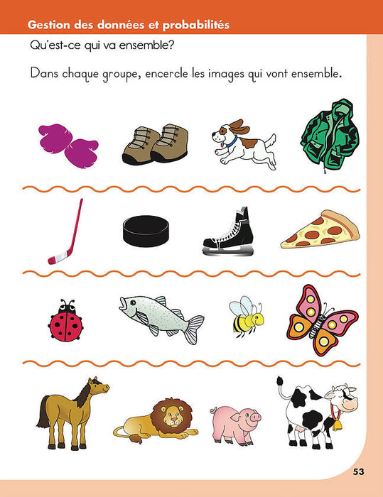 Inside page showing shapes, patterns, and measurement activities from Préparation à la mathématique en maternelle | Kindergarten Math Readiness Workbook