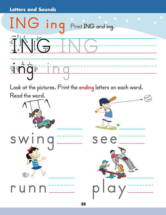 Inside page featuring word families and matching games from Reading Readiness Kindergarten Workbook