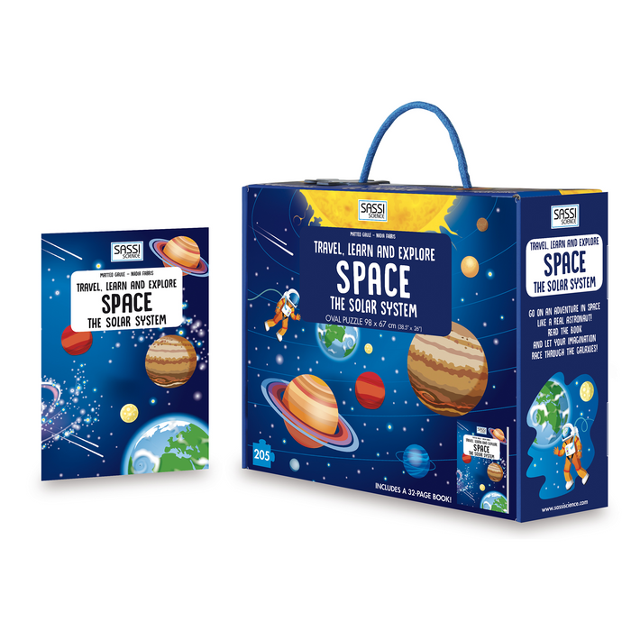 Travel, Learn and Explore Space The Solar System and go on an adventure in space like a real astronaut!  Put together the 205 pieces of a fantastic puzzle, read the book and learn all about our universe. What are Saturn’s rings made of? How far is the Earth from the Sun? How many moons does Jupiter have? Look how big the Milky Way is, observe the craters on the moon, follow comets as they sail through the sky and let your imagination race through the galaxies!