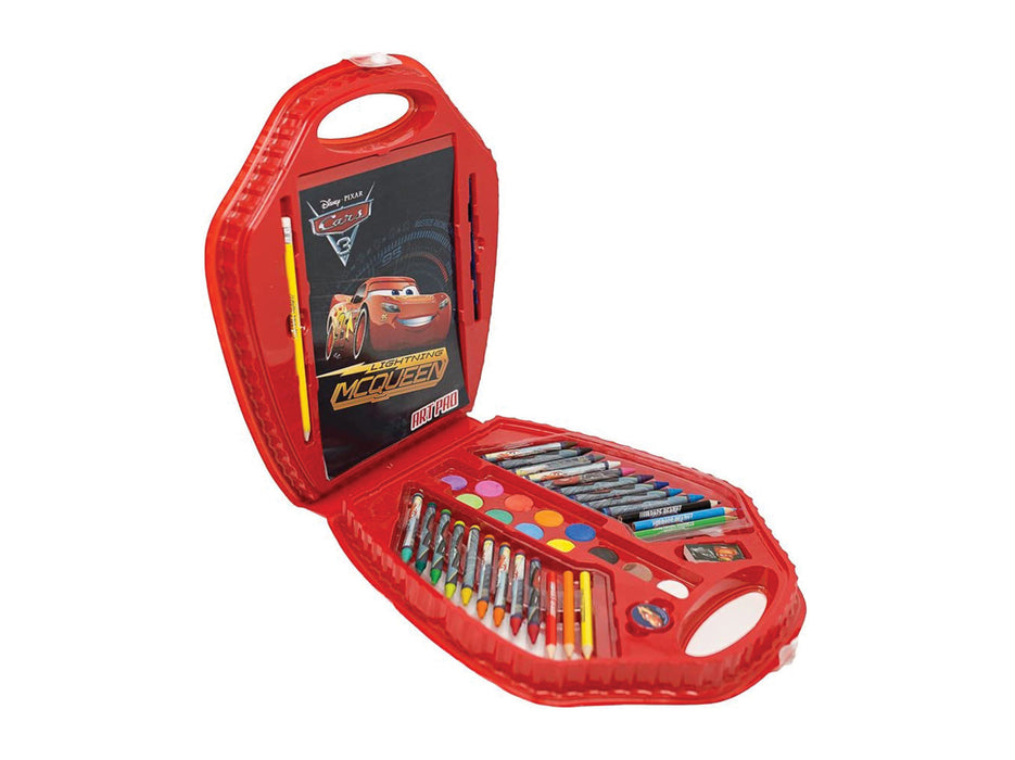 Open Disney Pixar Cars 3 Large Character Art Case displaying art supplies including crayons, markers, and watercolors.