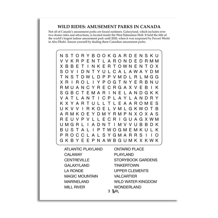 inside page of Volume 9 Large print word search trivia, wild rides and amusement parks in Canada, such as Ontario Place, Canada's Wonderland
