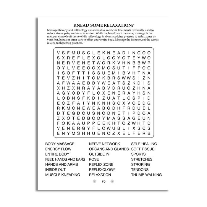 inside page 3 of volume 12, with quirky word search trivia regarding massage therapy 