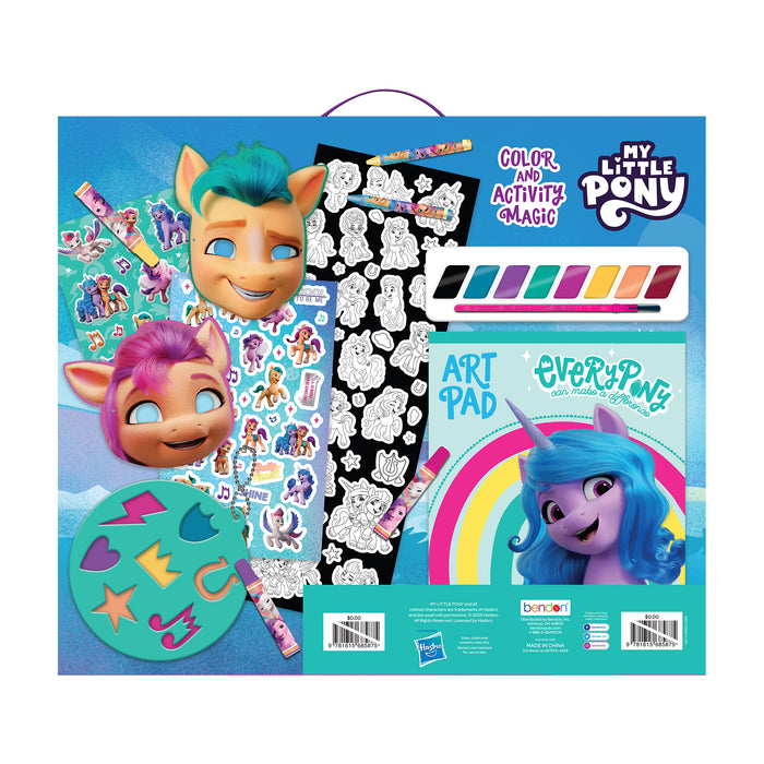 back cover of Colour and activity set My Little Pony, with 2 mask, paint and paint brush, stencil, stickers and markers