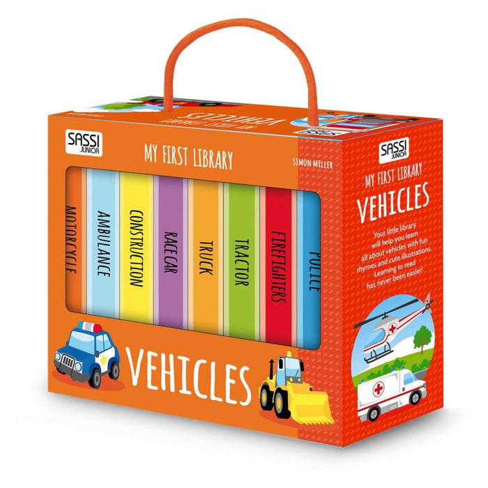 Your little library will help you learn all about vehicles with fun rhymes and cute illustrations. Learning to read has never been easier! Eight sturdy books teach all about fantastic vehicles! Ambulances and police cars, fire trucks, tractors, speedy motorcycles and swift race cars. Read the illustrated stories and learn all about the vehicles that run on roads, racecourses, farms and construction sites! Ideal for ages 2 and up