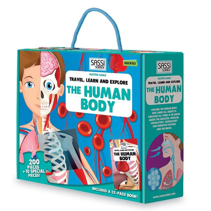 Learning anatomy made fun with a 3 feet tall, 200 piece floor puzzle and 32-page book! Put together the detailed puzzle and read the book to learn all about the cycle of life and the human body! Take a fascinating tour of the human body! How does your respiratory system work? What kind of bones make up a skeleton? How does food get digested? How many cells does one body contain? Ideal for ages 6 and up