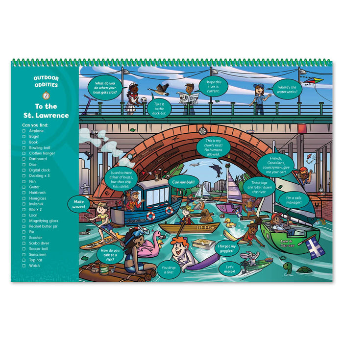 Full-color illustration from the Canadian Activity Pad showing a search-and-find puzzle."
