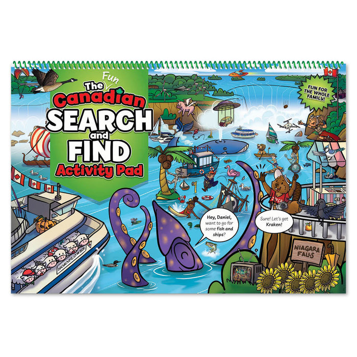 Canadian Activity Pad – Search and Find: Giant Squid cover featuring Daniel the Beaver in a colorful world of puzzles