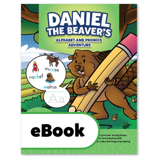 Join Daniel the Beaver, as he travels through the alphabet, learn long and short vowel sounds, learn consonant sounds and digraphs, and complete practise questions keyed to the Canadian curriculum.  This downloadable and printable eBook will help kids practise letter writing, and practise simple words and letter sounds.