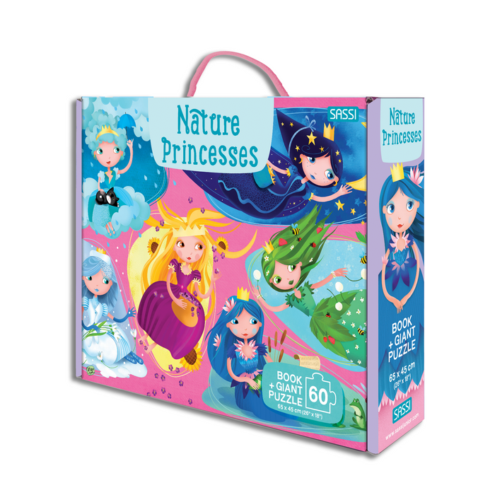 In the garden, among a thousand colourful flowers, live the princesses of nature. Build the giant puzzle and watch carefully: everything in nature has its princess! A box embellished with glitter containing a 60-piece puzzle to discover the wonders of nature and its beautiful and mysterious princesses. Ideal for ages 5 and up