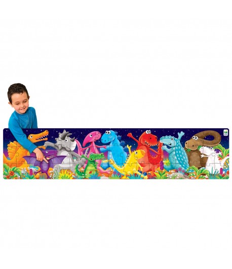 little boy pointing to the dinosaur puzzle, different dinosaurs dancing 