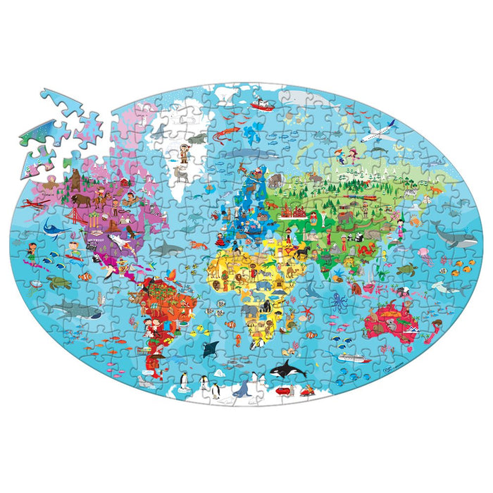 A detailed look at The Earth puzzle pieces, featuring colorful illustrations of continents, animals, and famous buildings to help kids learn geography.