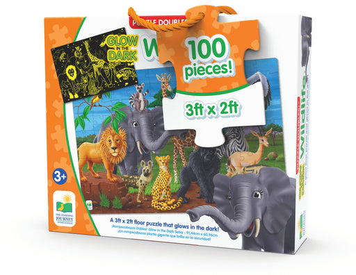 This Puzzle Double series takes the concept of a traditional puzzle to a whole new level! After putting together the 100 piece puzzle, turn off the lights and see a surprise as it glows in the dark. This Glow in the Dark puzzle provides a fun way to expand your child’s knowledge of jungle animals! Each Glow in the Dark puzzle has 100 puzzle pieces and measures at 3’ X 2’! Ages 3+ years.