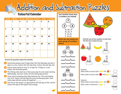 Inside pages of CCP Grade 2 Floorpad Workbook with exercises in reading, grammar, addition, subtraction, multiplication, time, temperature, and Canadian money