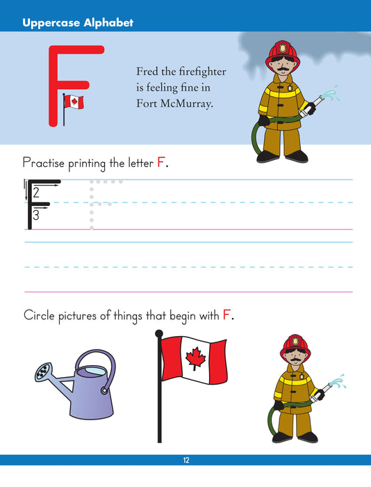 The Uppercase Alphabet workbook reinforces beginning alphabet skills in preparation for reading and writing. It guides children to recognize, trace, and print uppercase letters as well as to recognize letter sounds by naming illustrations and hearing silly sentences that may be read aloud by an adult. Canadian themes throughout say 'home' to Canadian kids!