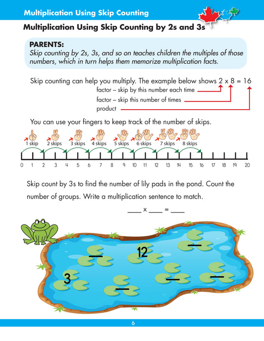 Learning multiplication facts takes practice. Encourage your child to spend a few minutes each day on this important skill. This workbook is an important tool for learning multiplication facts up to 10 x 10 using a variety of techniques: arrays, skip counting, repetition and recall, games, puzzles, and more!