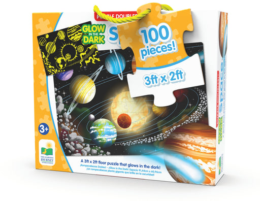 Learning about space has never been so much fun. Expand your knowledge of the solar system with this 100-piece Puzzle Double! After you put the puzzle together, turn off the lights and the puzzle glows in the dark! Additionally turn the puzzle over and you have a coloring activity. The bright illustrations encourage parent-child conversation. Each 100-piece puzzle measures a giant 3' X 2' ! Ages 3+ years.