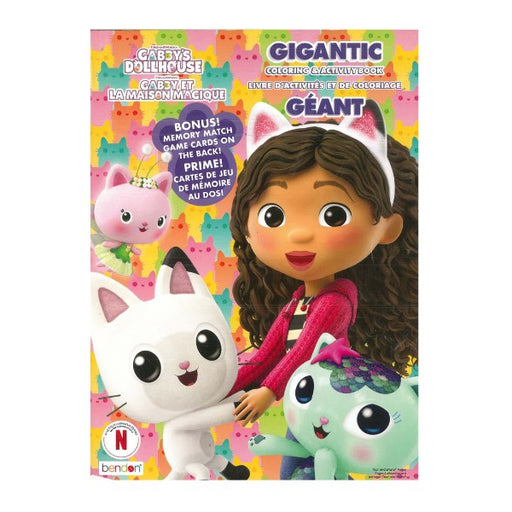 Gigantic coloring book for Gabby's Dollhouse with a doll and cat characters on a colorful background.