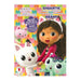 Gigantic coloring book for Gabby's Dollhouse with a doll and cat characters on a colorful background.