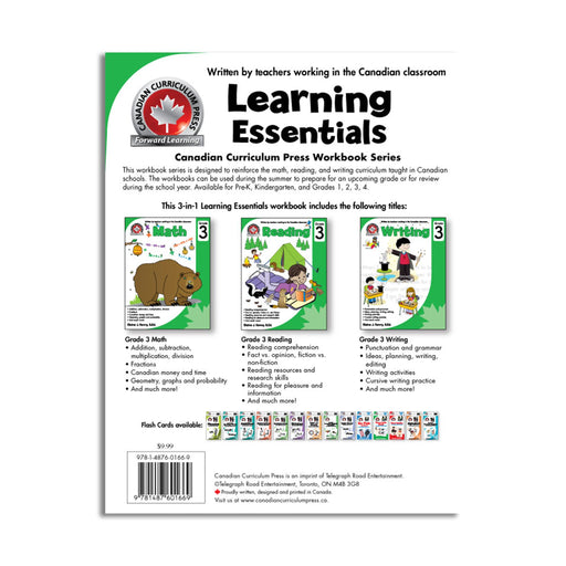 back cover, showcasing the flash cards and all the educational workbooks in the 3 in 1 Learning Essentials, with math, reading and writing. each cook is written by teachers working in the Canadian classroom
