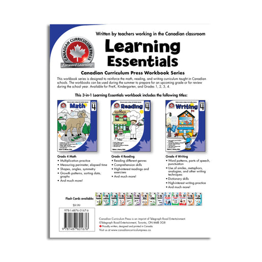 back cover of the workbook, listing the whole flash card series and showing the 3 and one  individual covers, math, reading and writing