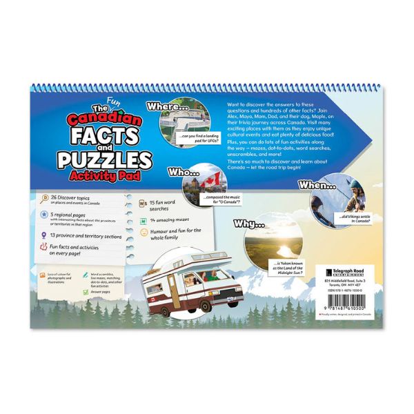 Canadian Facts and Puzzles Activity Pad with camper illustration on a white background