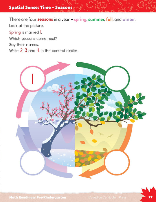 inside pages Pre - Kindergarten workbook -educational - Math - time -seasons - spatial sense 