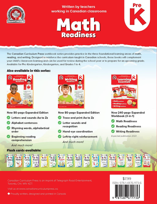 Back cover of Pre Kindergarten workbook -Canadian curriculum and includes new exercises on coding and financial literacy