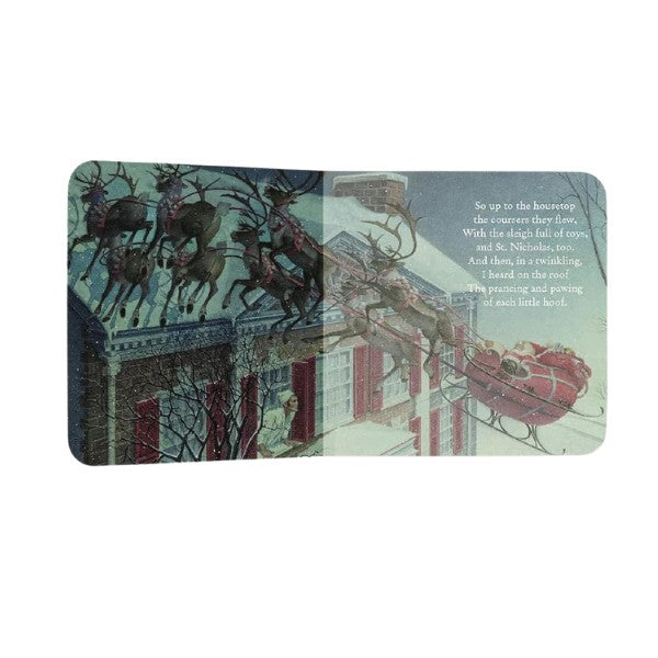 Illustrated page from The Night Before Christmas showing Santa Claus and reindeer, vintage-inspired artwork by Charles Santore for children’s holiday read-aloud.