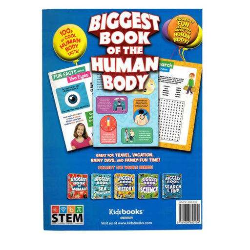 Back cover of the Biggest Book of the Human Body showing educational facts, puzzles, mazes, word searches, and interactive activities for kids, teens, and adults, including high school students and medical enthusiasts.