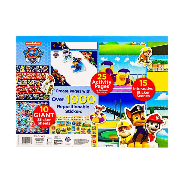 Paw Patrol activity book with colorful illustrations and character images on a white background