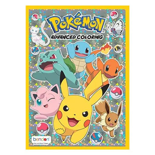 Pokémon coloring book with characters and logos on a gray background