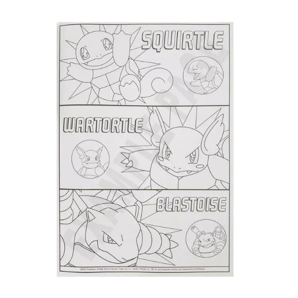 Coloring sheet with Squirtle, Wartortle, and Blastoise from Pokémon on a white background